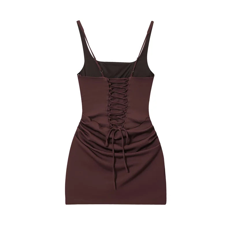 Women's Dress 2026 Autumn New Arrivals Reddish-Brown Spaghetti Strap Sexy Bodycon Mini Dress with Tie Details Stylish and Unique