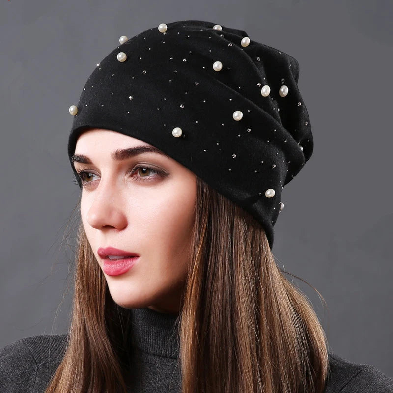 Women's Cotton Beanie – Pearls & Rhinestones, Soft, Casual Chic Spring-Autumn