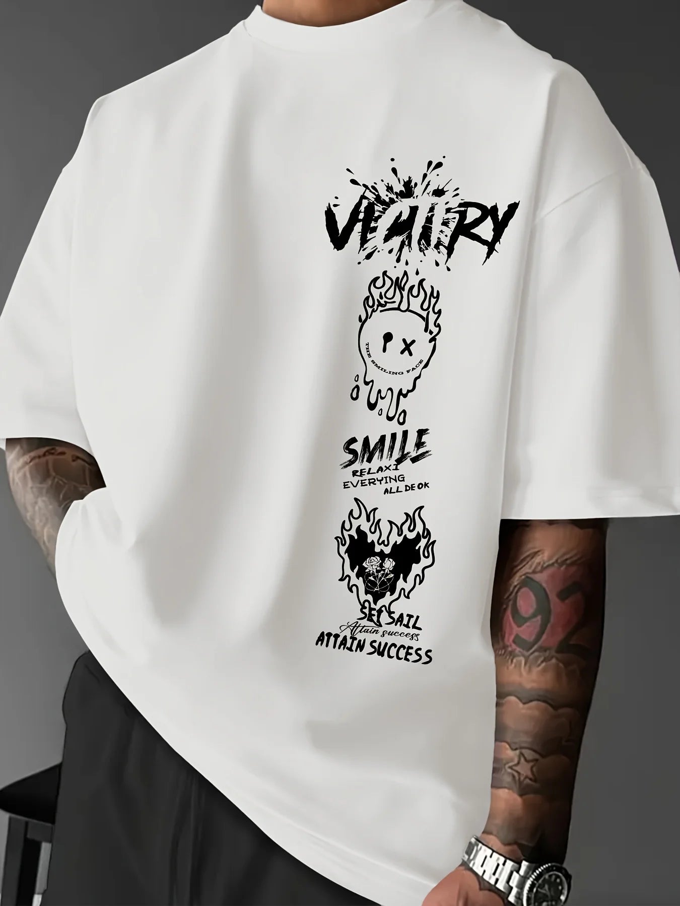 Men's 100% pure cotton fashionable casual comfortable loose creative graffiti print sports round neck short sleeved T-shirt top