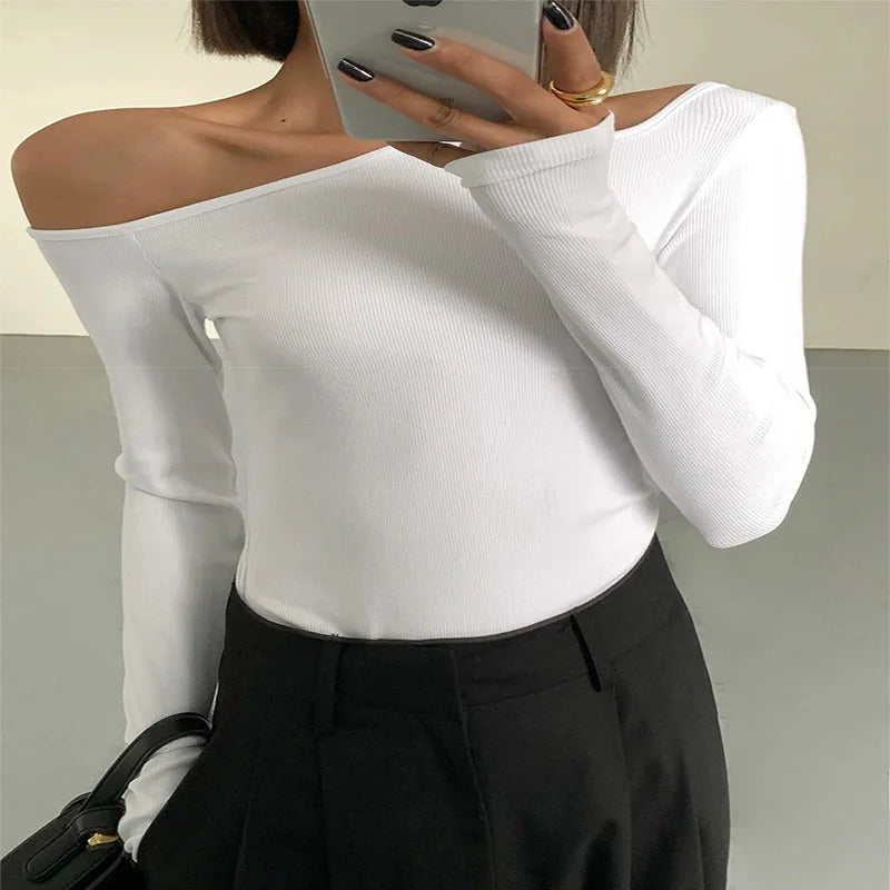 Asymmetrical Off-Shoulder Neck T-Shirt – Slim Fit Cutout Crop Top