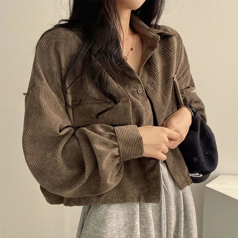 Women's Corduroy Jacket – Retro Loose Fit, Square Collar, Autumn-Winter