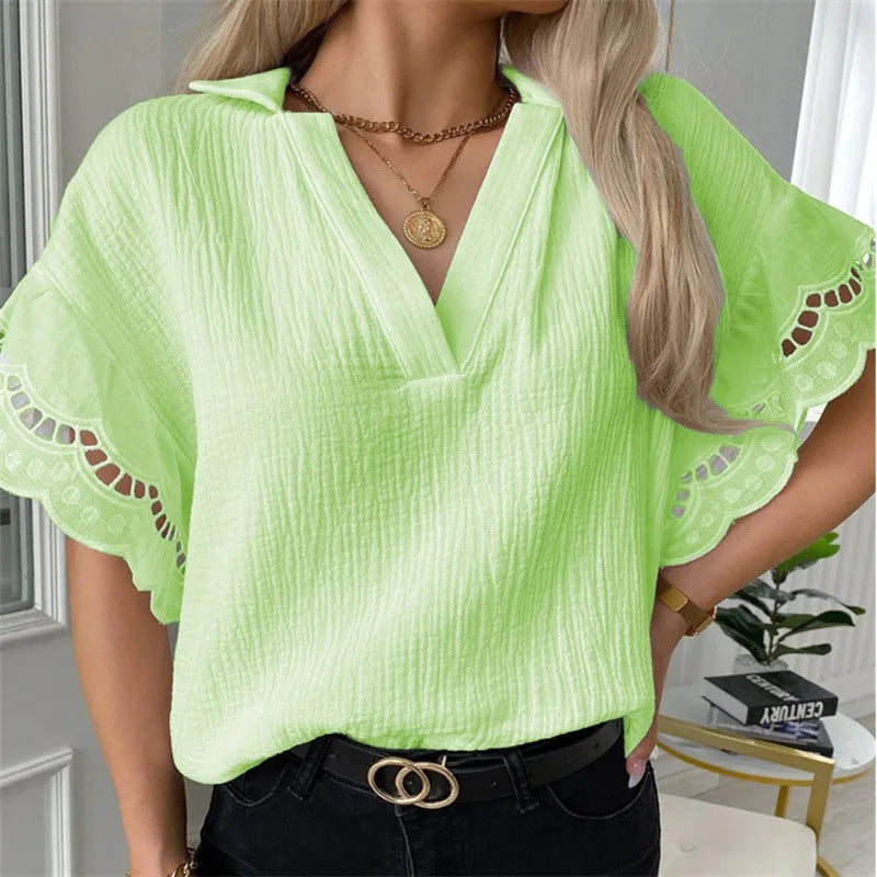 Women's Short Sleeve Lace V-Neck T-Shirt – Casual Chic Style