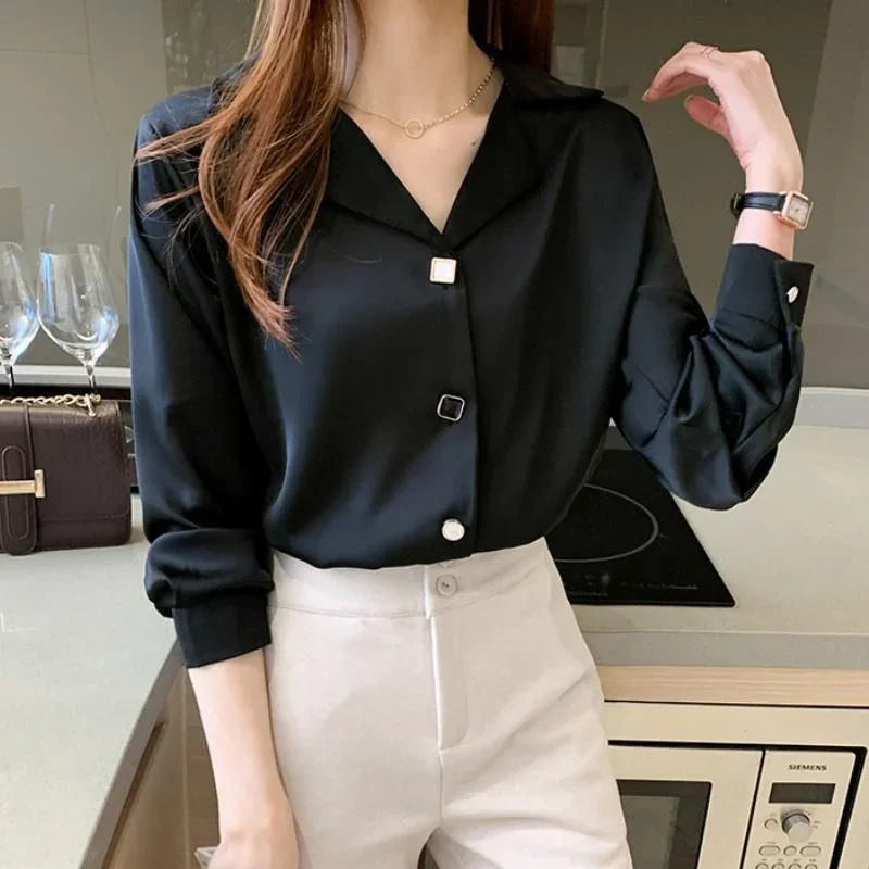Spring Autumn Elegant Women Shirts 2025 Solid V Neck Buttons Chiffon Blouse Loose Casual Korean Trendy Black Straight Mujer Tops