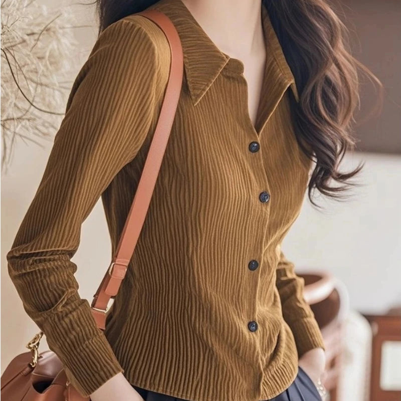Spring Autumn New Korean Lazy Button Blouse Polo Neck Long Sleeve Solid All-match Fashion Shirt Tops Office Trend Women Clothing