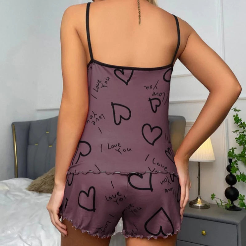 Ensemble Pyjama Femme Été – Débardeur & Short Imprimé Cœur
