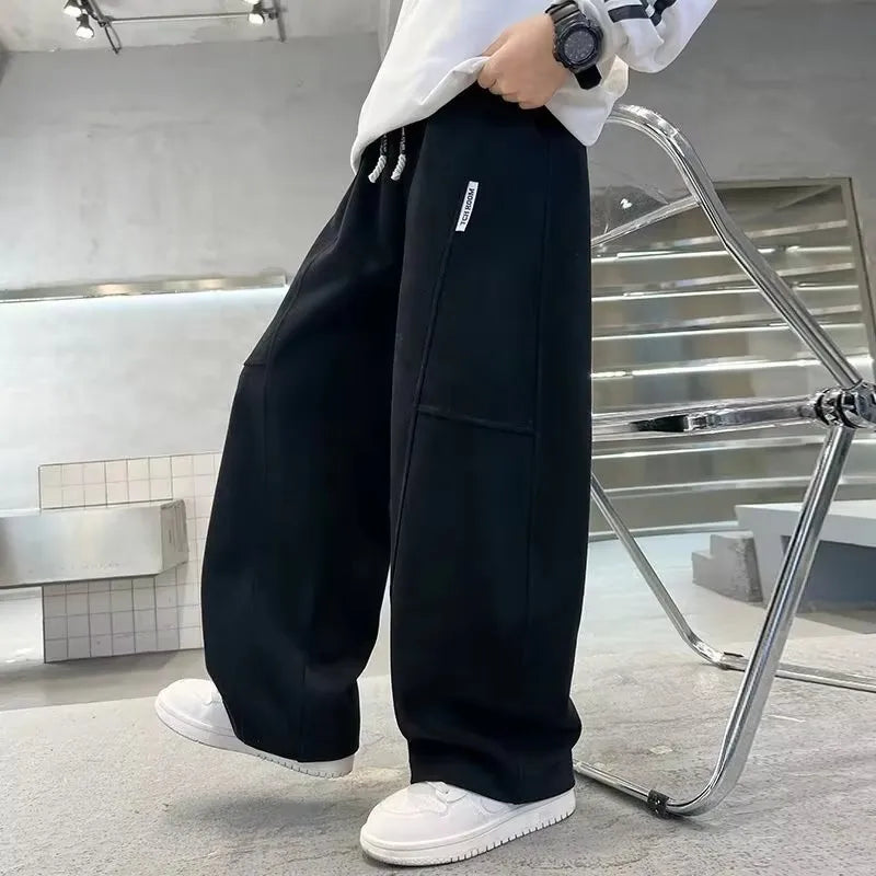 Spring 5-14Y Kids Wide Leg Sweatpants Teenage Boys Sports Pants Streetwear Fashion Loose Trousers Children Elastic Waist Pants