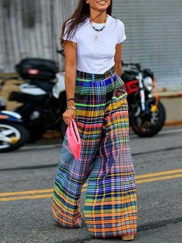 Women's Vintage Wide Leg Trousers – High Waist Checkered
