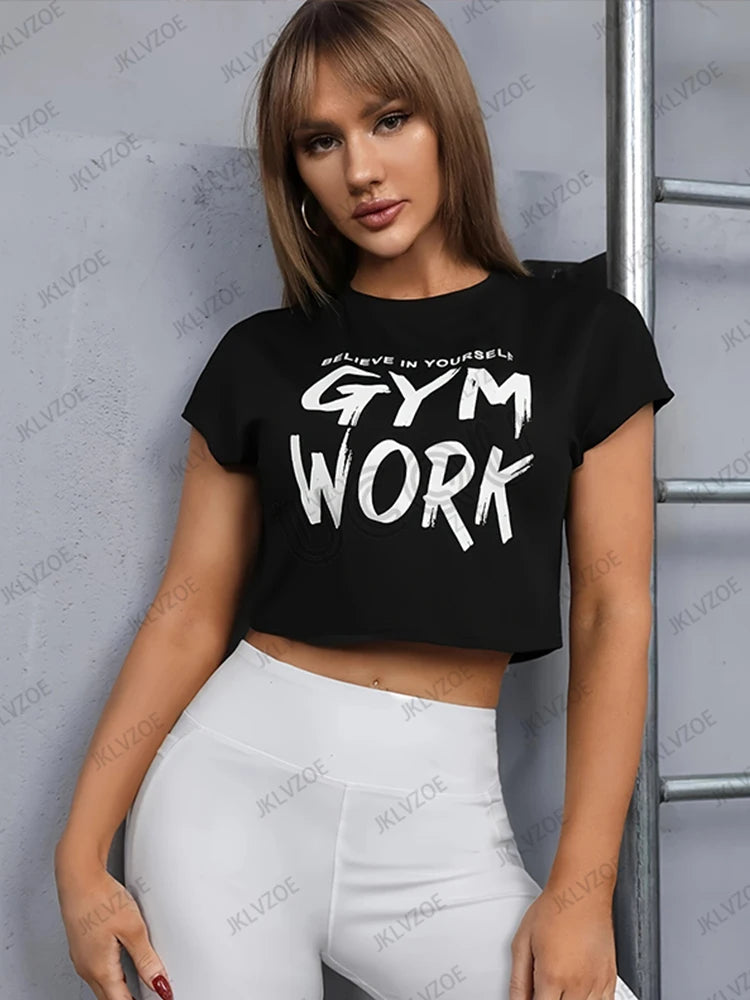 2026 New Arriavl Fitness Crop Top Summer Short Sleeve O-Neck T-shirt For Women Gym Work Printed Sports Tees Casual Y2k Tops