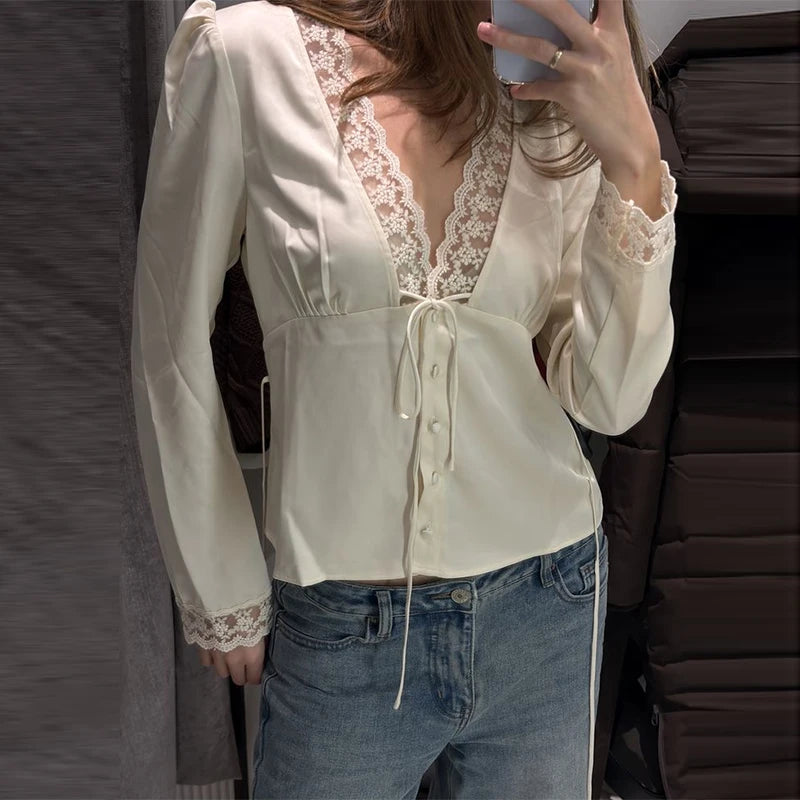 Women's V-Neck Lace Blouse – Button and Lace-Up Spring/Summer 2025