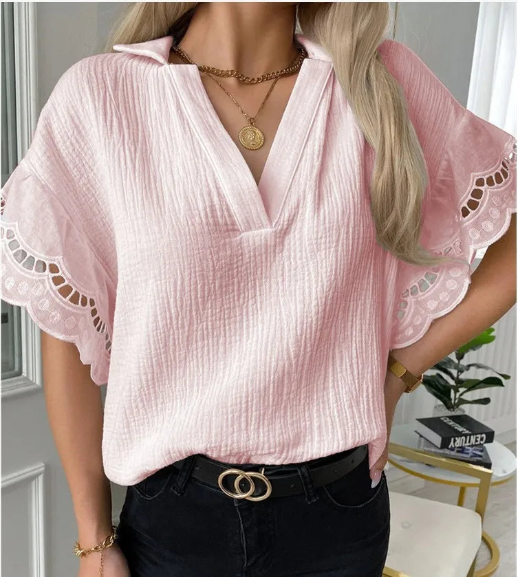 Women's Short Sleeve Lace V-Neck T-Shirt – Casual Chic Style