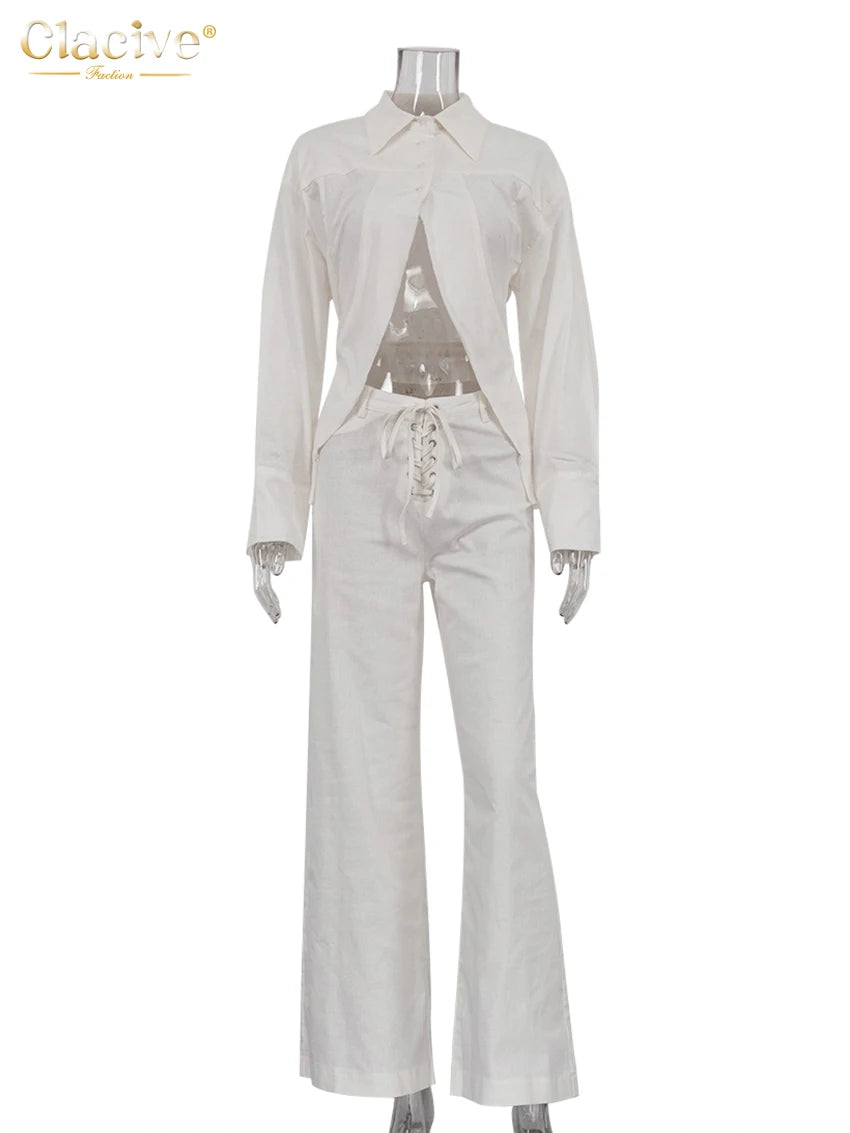 Clacive Fashion Loose White Linen Women's Two Pieces Set 2026 Elegant Long Sleeve Shirt With Mid Waist Wide Pants Set Streetwear