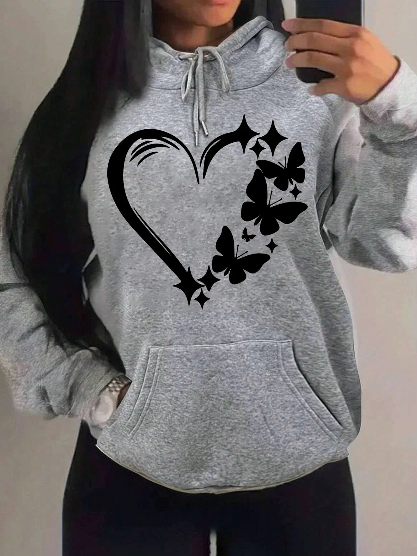 Sweat à capuche Femme Motif Amour et Papillon Hip Hop Streetwear Poches Vêtements Rétro Multicolore