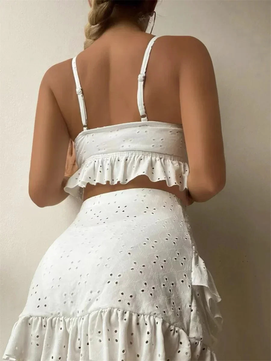 Sexy White 3 Piece Bikinis Set 2026 Women Halter Cut Out Tie Up Ruffles Push Up Skirt Swimsuit Bathing Suit High Waist Swimwear