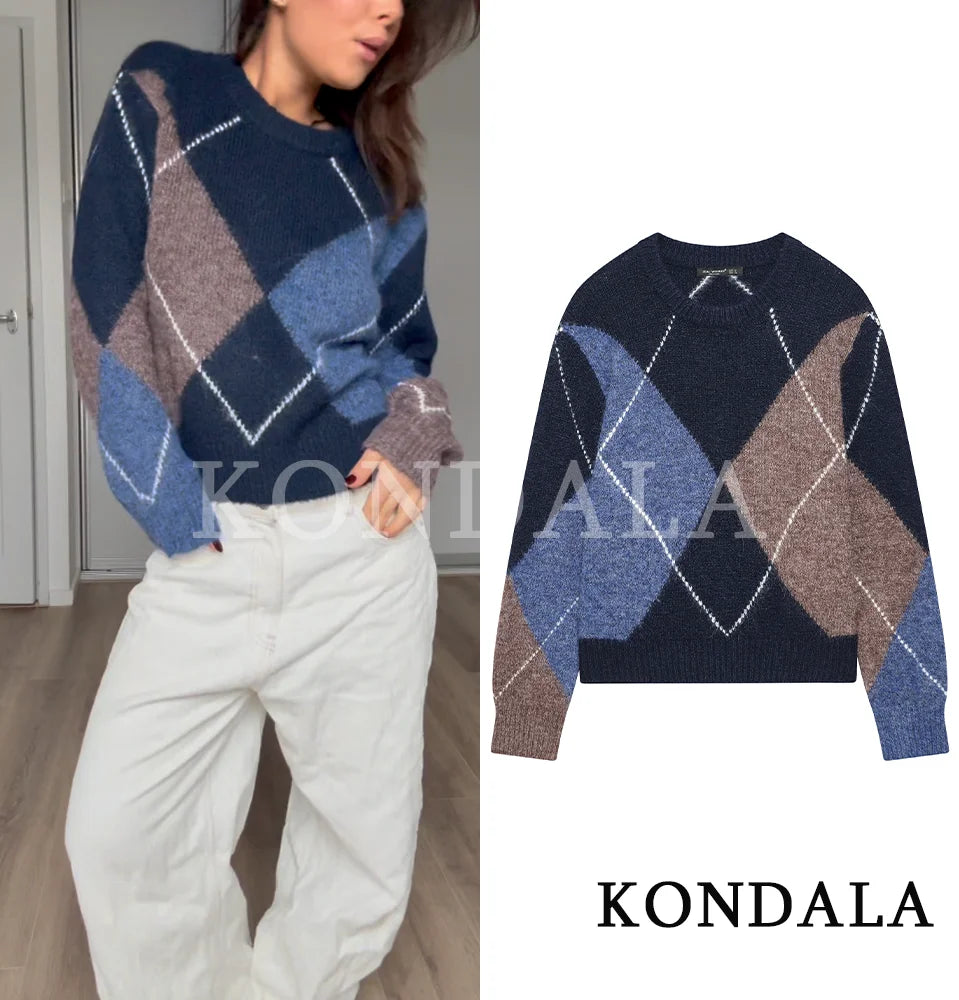 KONDALA Trendy Casual Contrasting Sweater Women Elegant Rhombus Knitted Sweater 2026 Spring Fashion Holidays Chic Female Sweater