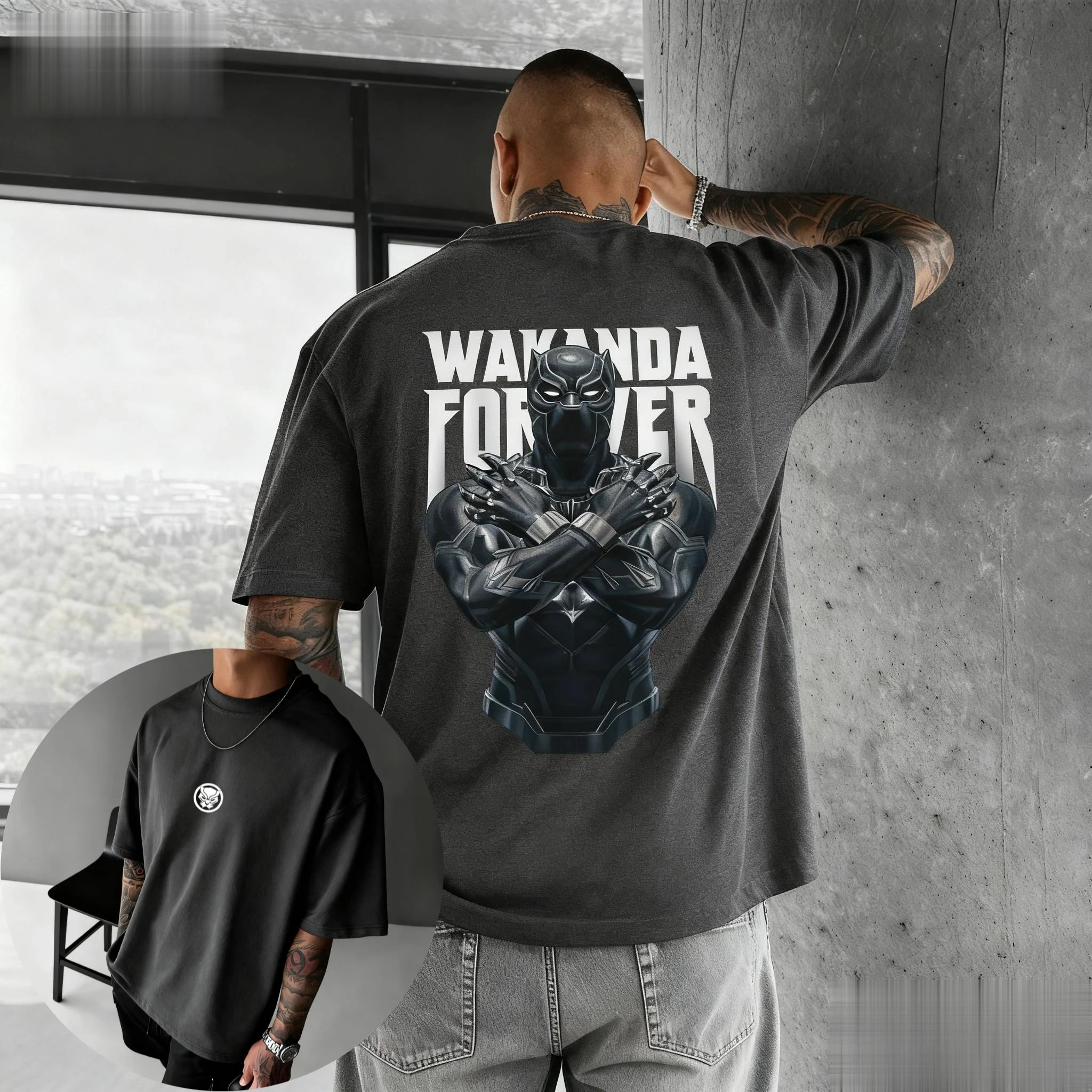 The Man's Multi-color T-shirt with Black Panther Pattern and Striped Background Design Is A Surprising Casual Streetwear