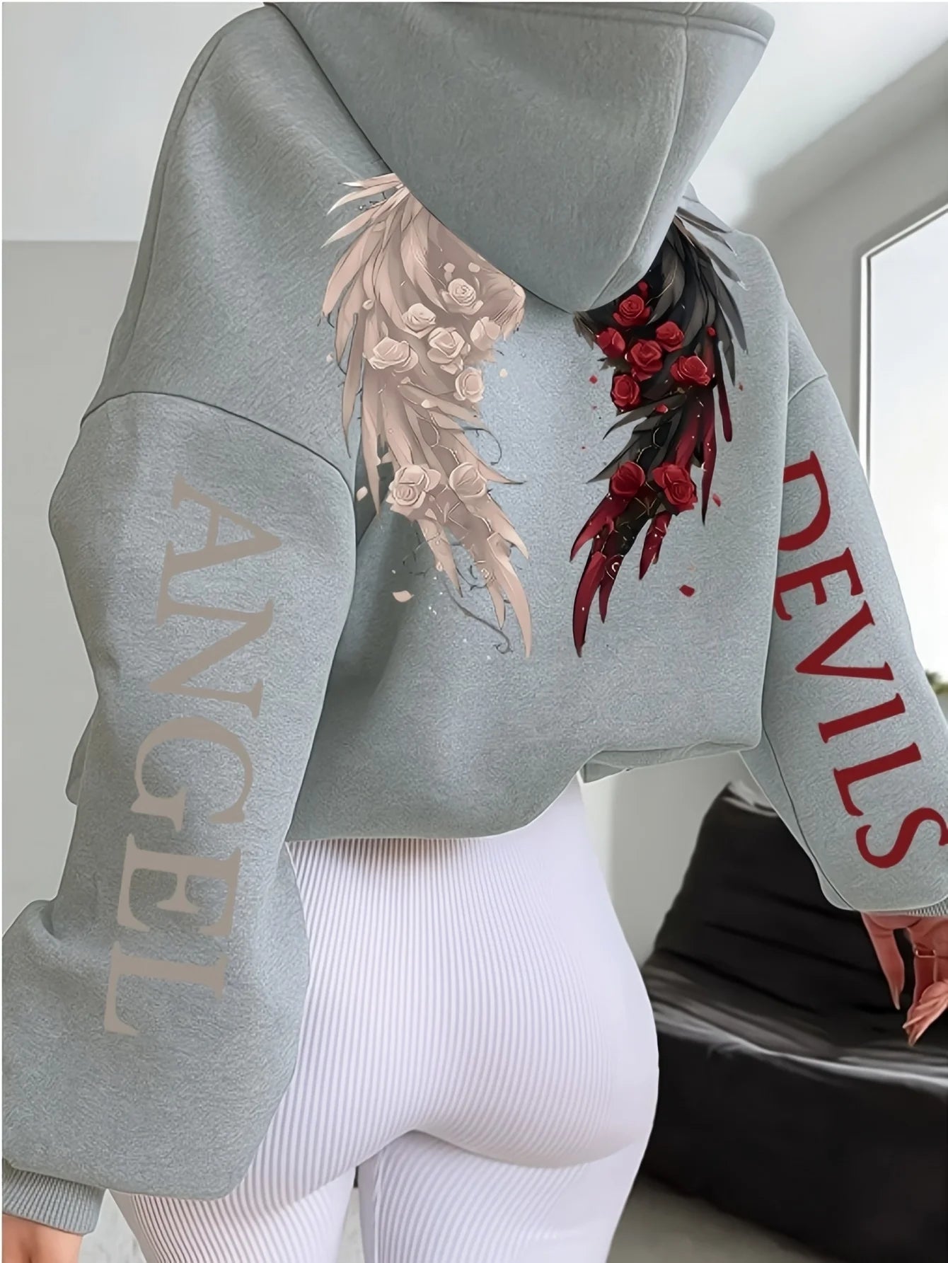 Women's Plus-size Hooded Sweatshirt Gothic Angel and Demon Pattern Autumn and Winter Fleece Streetwear Oversized Loose Casual