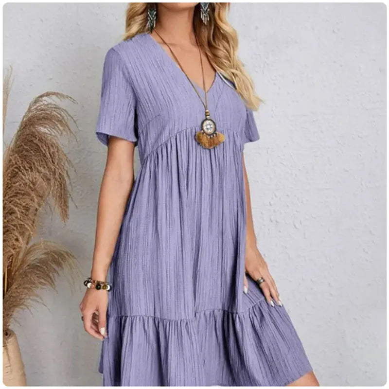 Peplum Dress with V-Neck and Short Sleeves – Flowy, Ruffled Cut