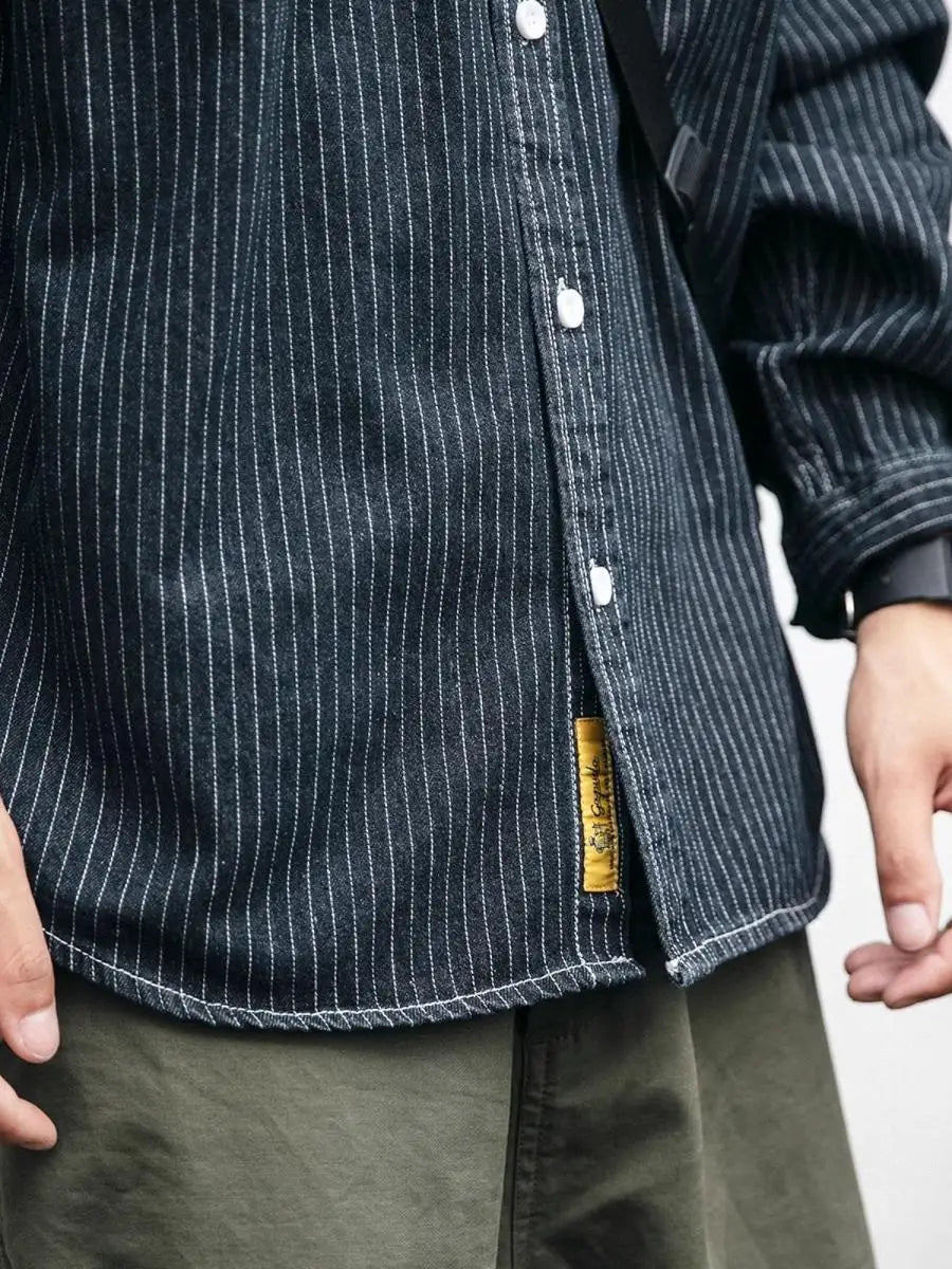 Retro Striped Loose Fit Long Sleeve Collared Men's Denim Shirt Spring Fashion Workwear Jacket Youthful Wear Resistant Chinese...