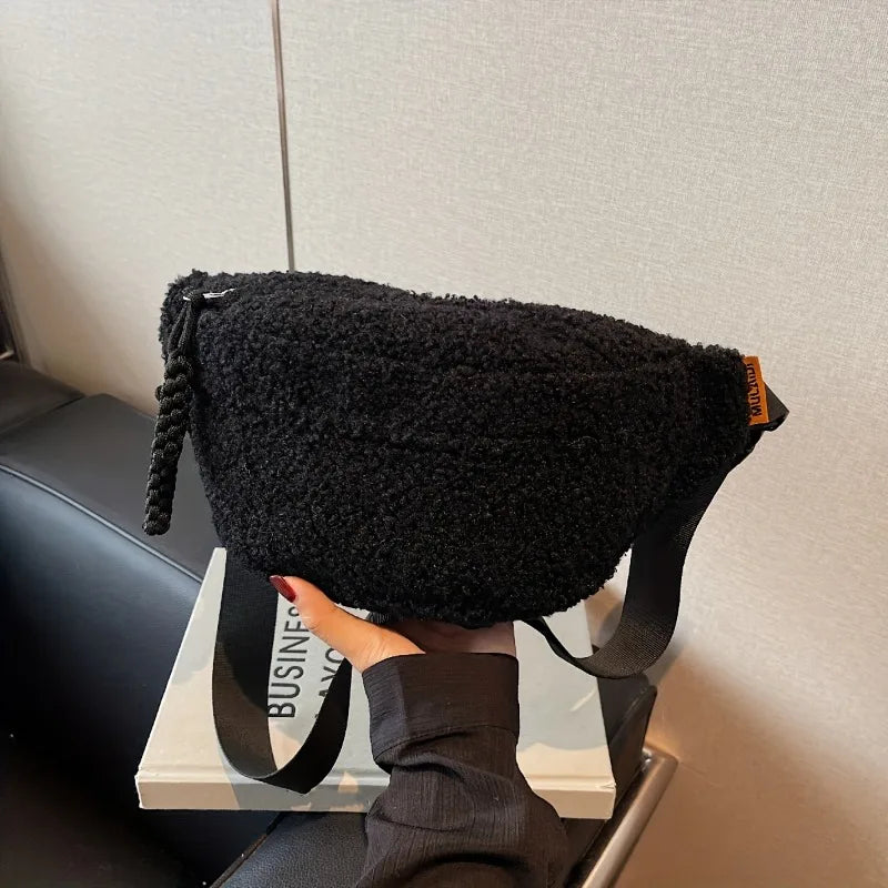 Women's Casual Solid Color Plush Material Chest Bag, Fashionable Daily Commuting Waist Bag, Plush Crossbody Shoulder Bag