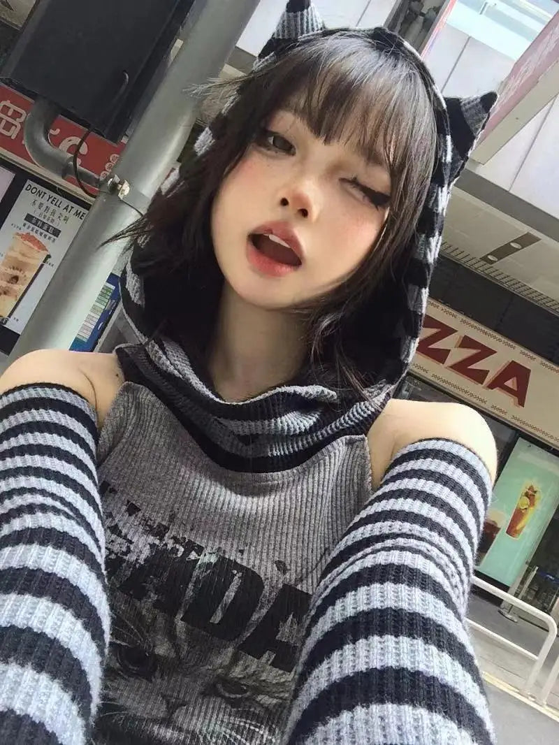 Stacked Collar Hooded Hollow Stripe Contrast Color Long Sleeve Sweatshirt Women Tshirt Japanese Soft Girl Slim Fit Short Top