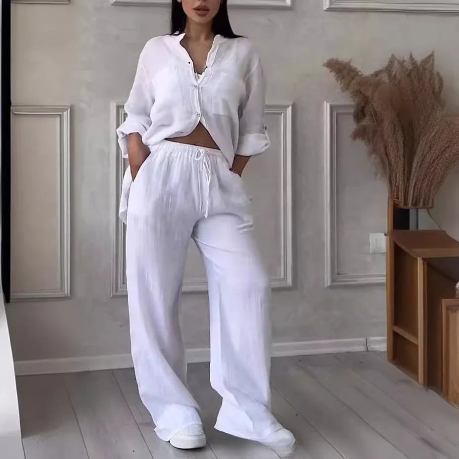 Ensemble femme en lin et coton – Chemise col V manches longues + Pantalon large taille mi-haute