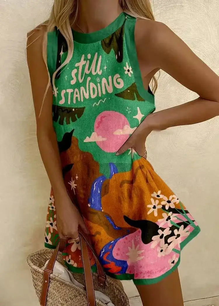 Women's Short Printed Dress – Round Neck, Sleeveless, Loose Casual Fit