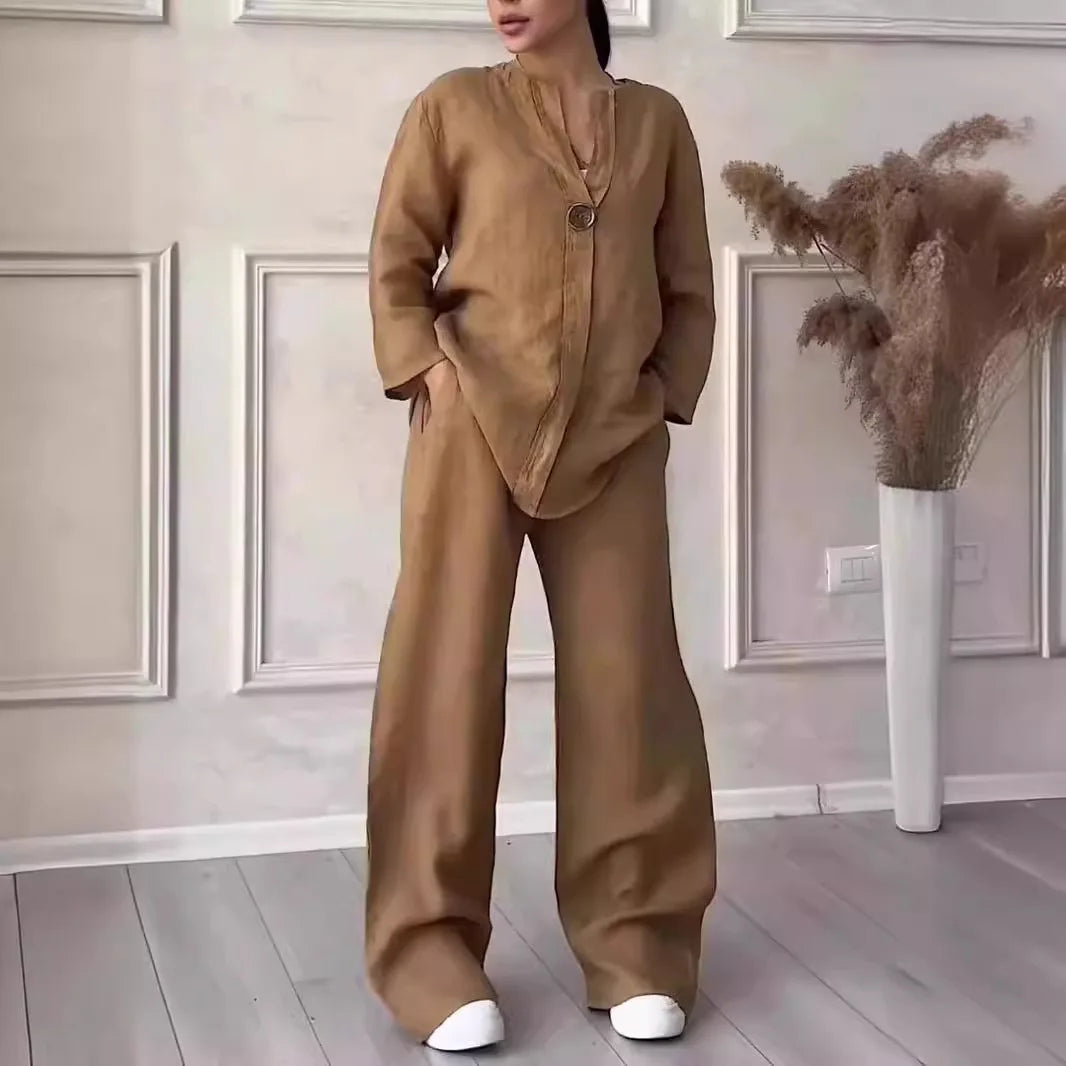 Cotton Linen Sets Two 2 Pieces Sale Casual Long Sleeve Button Loose Blouse Shirt&High Elastic Wide Leg Loose Pant Suits