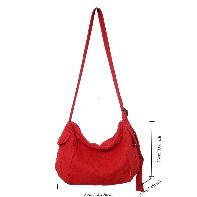 Female Canvas Fabric Hobo Soft Slouchy Shoulder Bag Y2K Student Leisure Medium Size School Book Laptop Pouch Messenger Side Bag