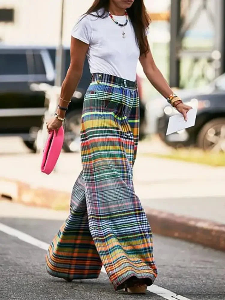 Women's Vintage Wide Leg Trousers – High Waist Checkered