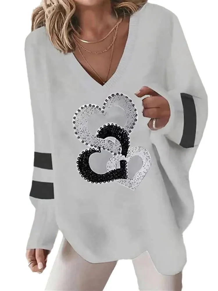 Chemisier Blanc Femme Love Print - Col V Manches Longues