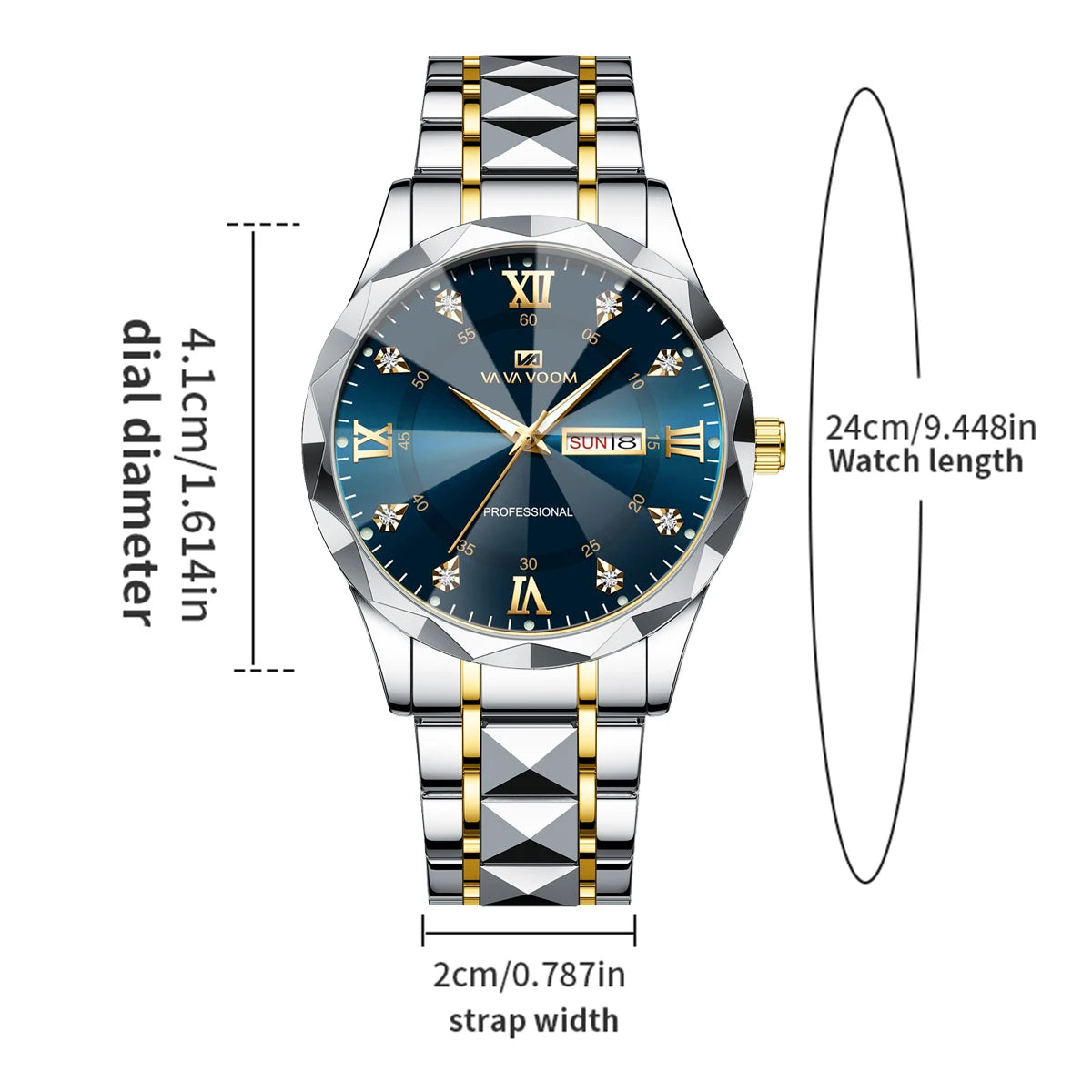 2026 New Men's Watch Fashion Rivet Stainless Steel Strap Luxury Water Diamond Diamond Luminous Blue Gold Dial Business Men Watch