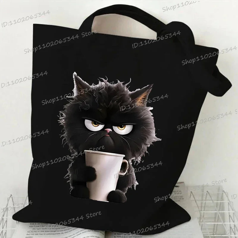 Women Canvas Shoulder Bag Coffe Black Cat Print Large Capacity Shopping Bags for Lady Cartoon Animal Grocery Tote Bag Handbags