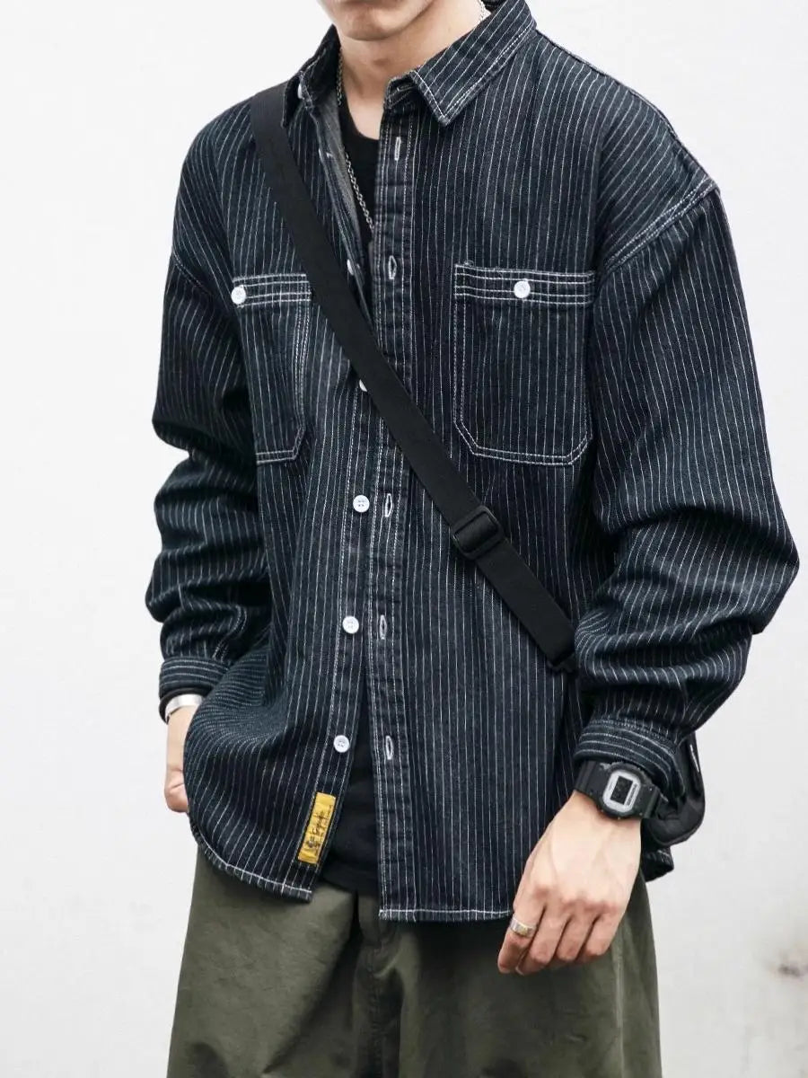 Retro Striped Loose Fit Long Sleeve Collared Men's Denim Shirt Spring Fashion Workwear Jacket Youthful Wear Resistant Chinese...