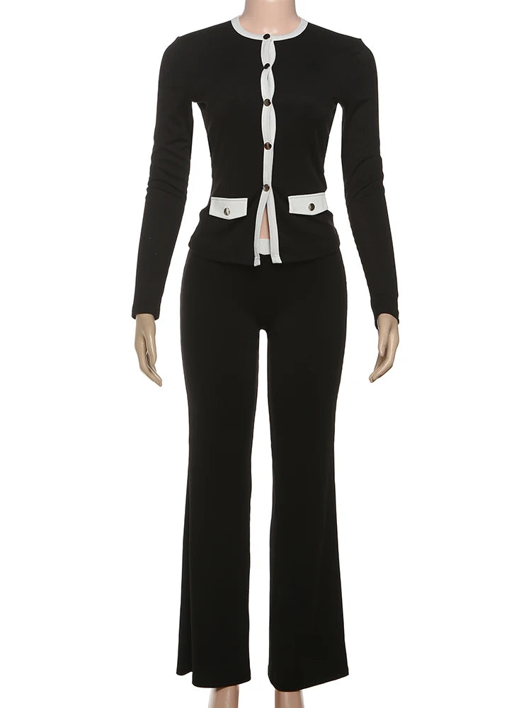 Street Patchwork 2 Piece Set Women Single-Breasted Cardigan Full Sleeve Tops+Straight Pants Fashion Simple Casual Set