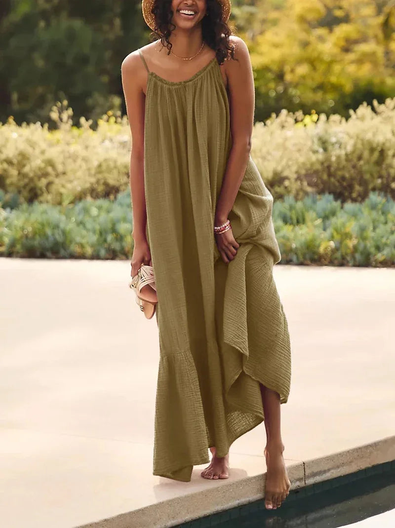 Vintage Muslin 100% Cotton Gauze Summer Dress Women Loose Sexy Sleeveless Ruched Long Maxi Party Desses Chic Sundress Vestidos