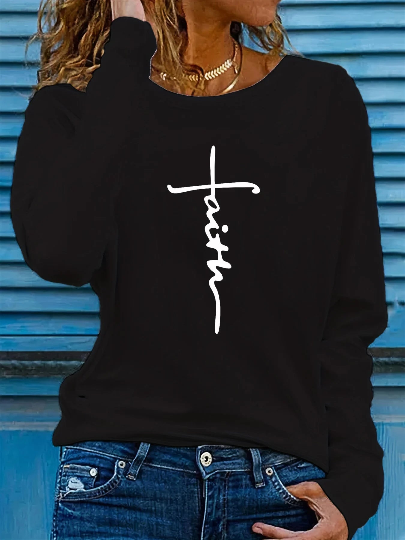 100% pure cotton women's spring and autumn loose comfortable faith cross graphic printed long sleeved round neck T-shirt