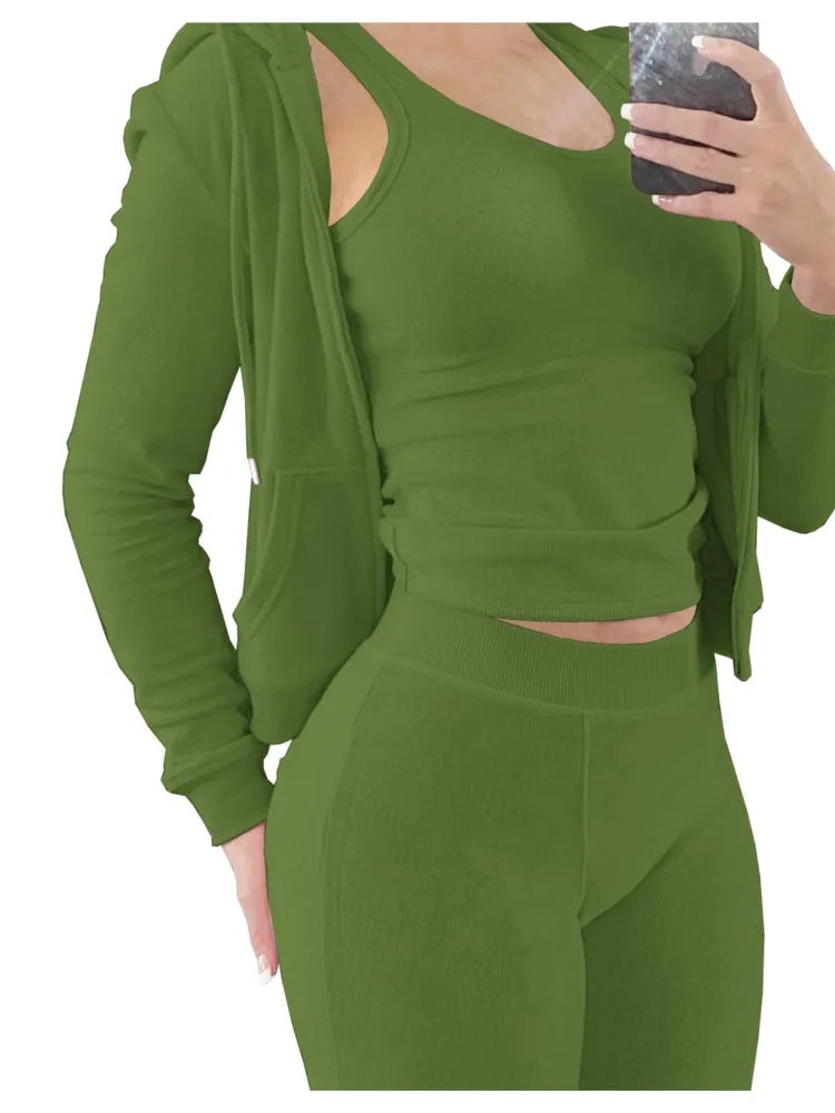 Ensemble 3 Pièces Femme Automne Hiver - Sweat Gilet Pantalon Velours