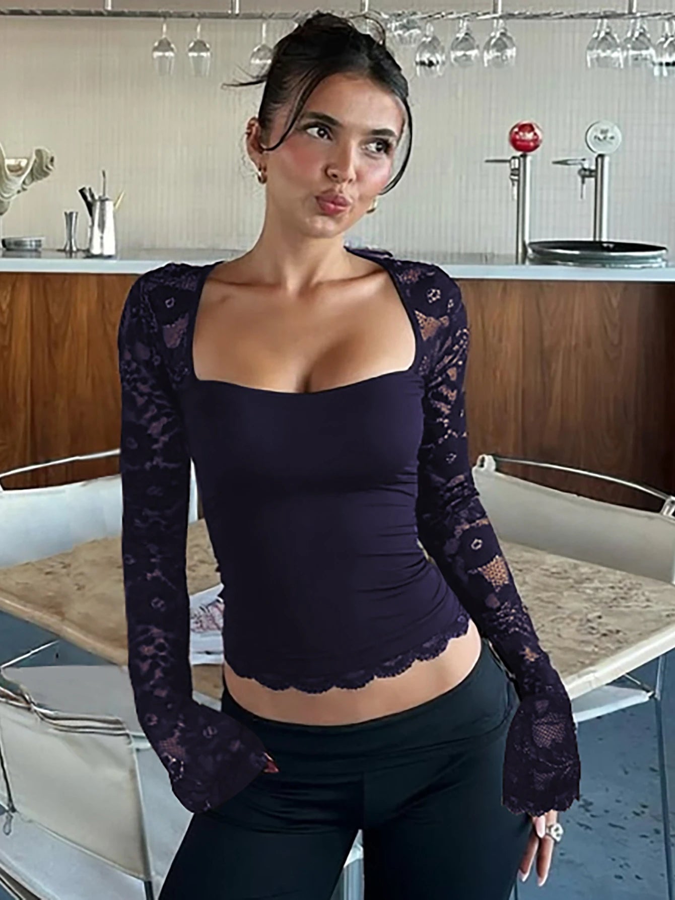 Hugcitar Women Fashion Square Collar Patchwork Lace Long Sleeve Sexy Crop T-Shirt Top Sheer Summer Vacation Clothes Night Club