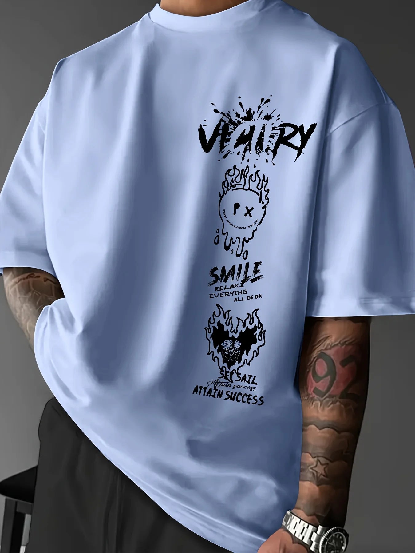 Men's 100% pure cotton fashionable casual comfortable loose creative graffiti print sports round neck short sleeved T-shirt top