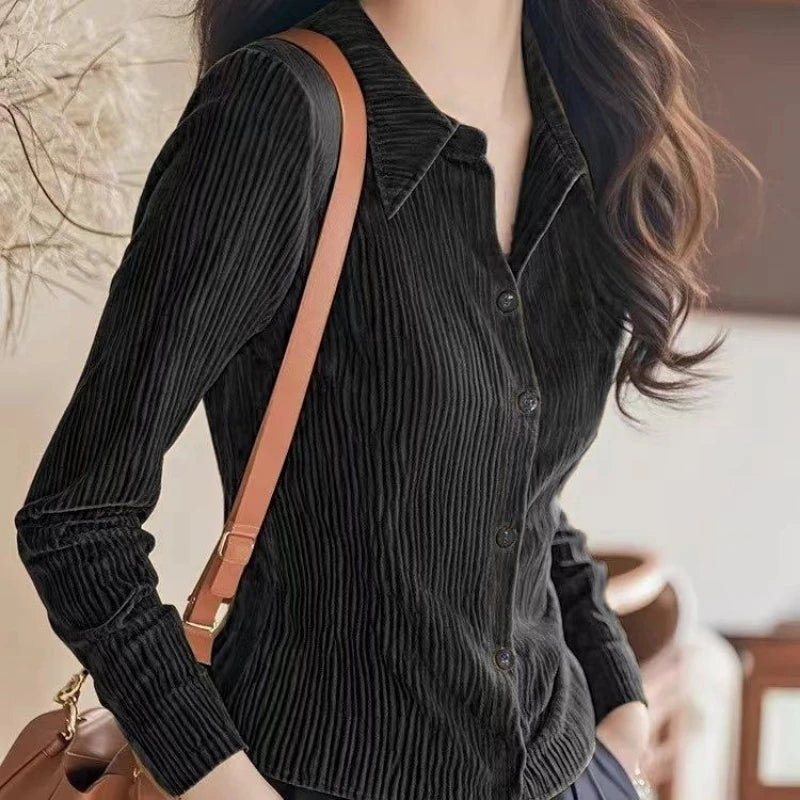 Spring Autumn New Korean Lazy Button Blouse Polo Neck Long Sleeve Solid All-match Fashion Shirt Tops Office Trend Women Clothing