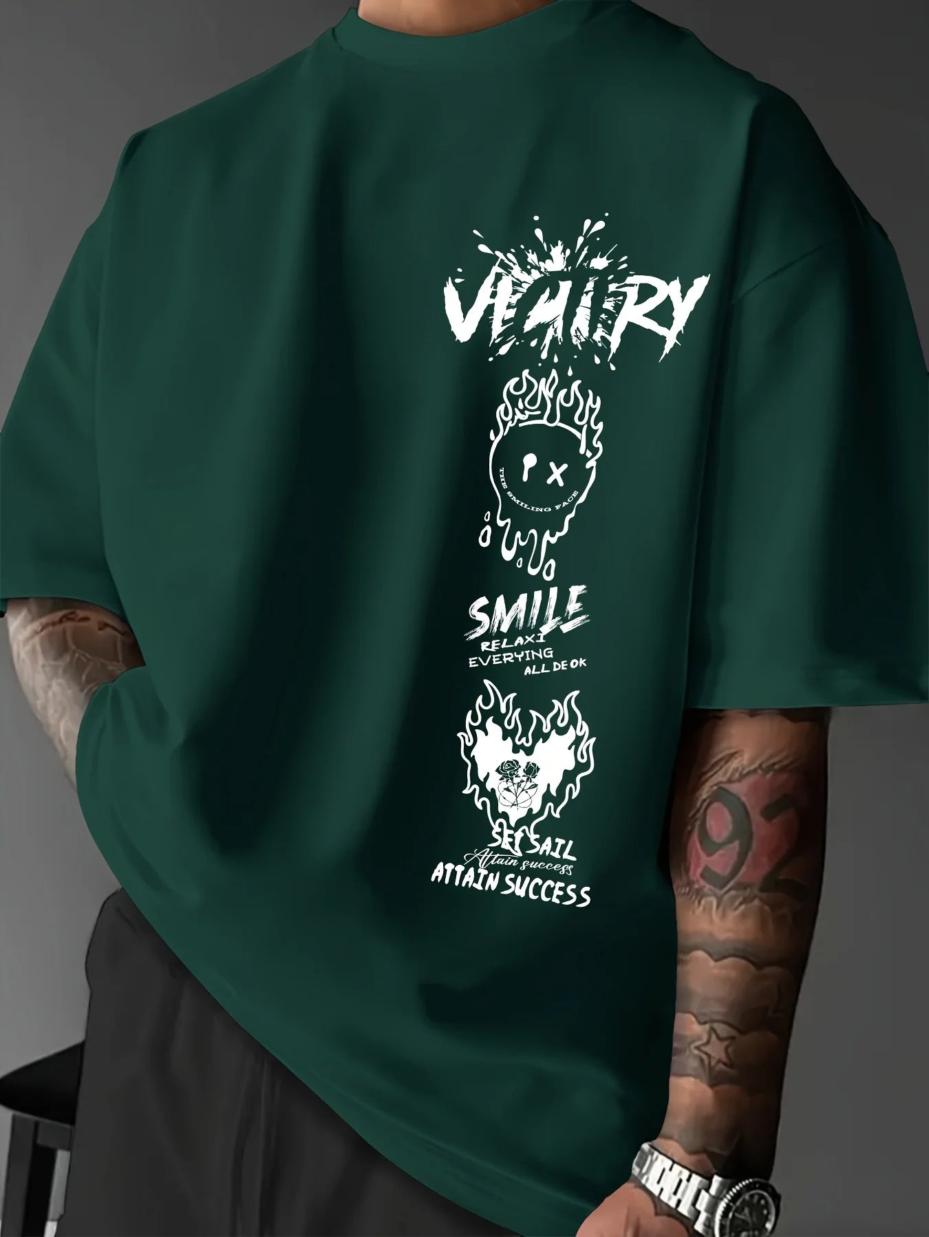 Men's 100% pure cotton fashionable casual comfortable loose creative graffiti print sports round neck short sleeved T-shirt top