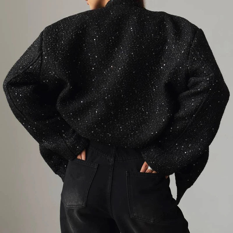2026 Women Spring Vintage Sequins Jacket Coat Fashion Women Stand Collar Loose Style Jacket Femme Streetwear Tops Clothes