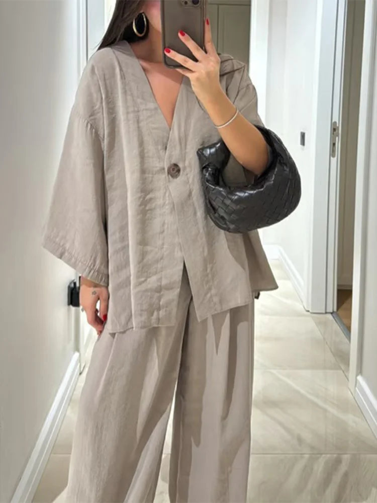 Casual Solid Cotton Linen Loose Shirt Pants Set Women Single Breasted Blouses Wide Leg Pants Suits Spring Summer Lady Outfits