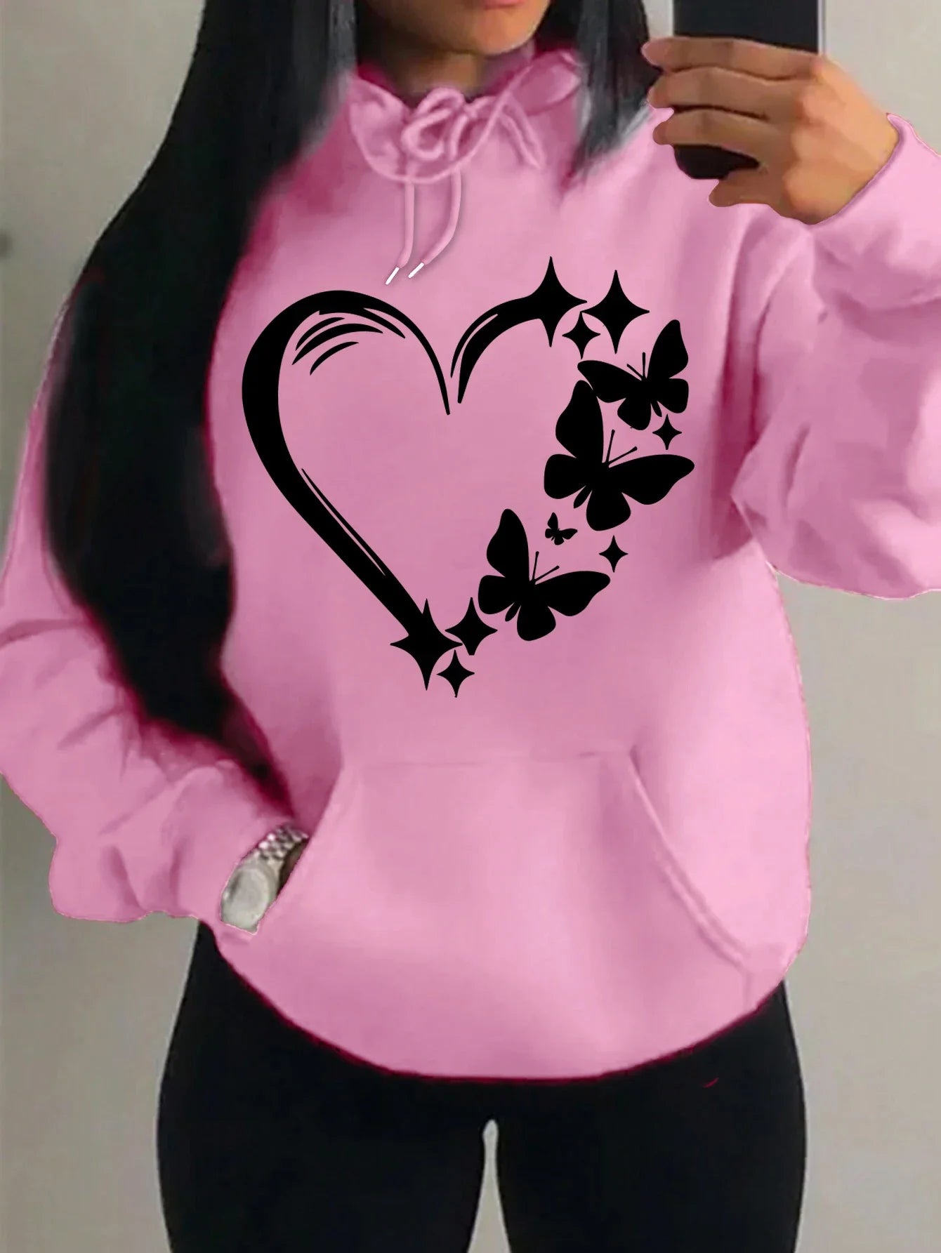 Sweat à capuche Femme Motif Amour et Papillon Hip Hop Streetwear Poches Vêtements Rétro Multicolore