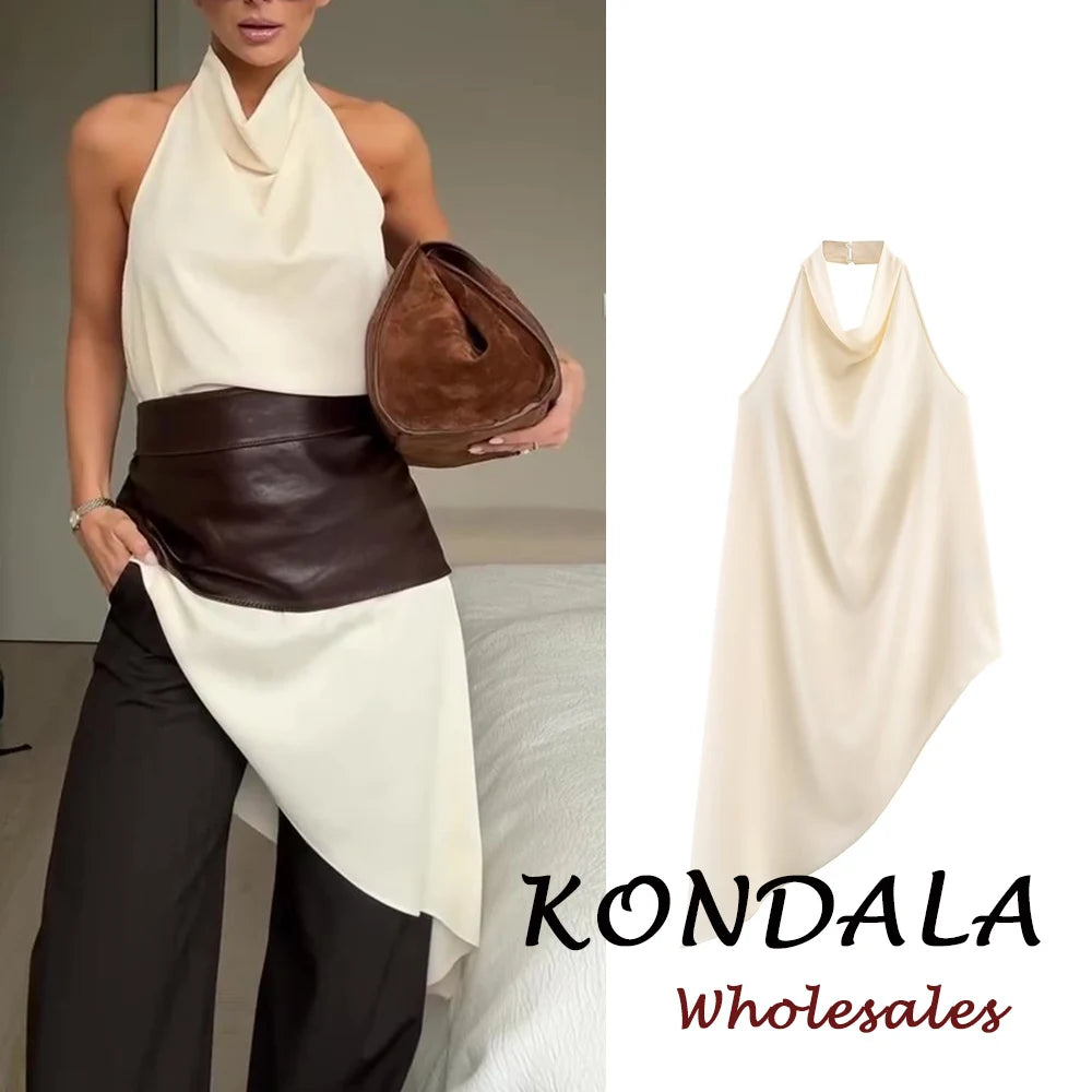 KONDALA Chic Sexy Women Backless Asymmetric Neck-mounted White Tops Modern Fashion 2026 Spring Valentine's Day Night Party Vest