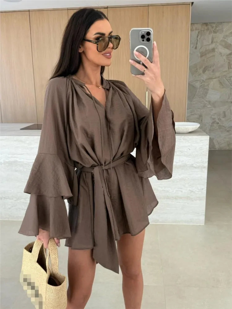 Fashionable Lotus Leaf Sleeve Irregular Short Dress Spring Summer New Women's Solid Color Sexy V-neck Long Sleeved Loose Dress