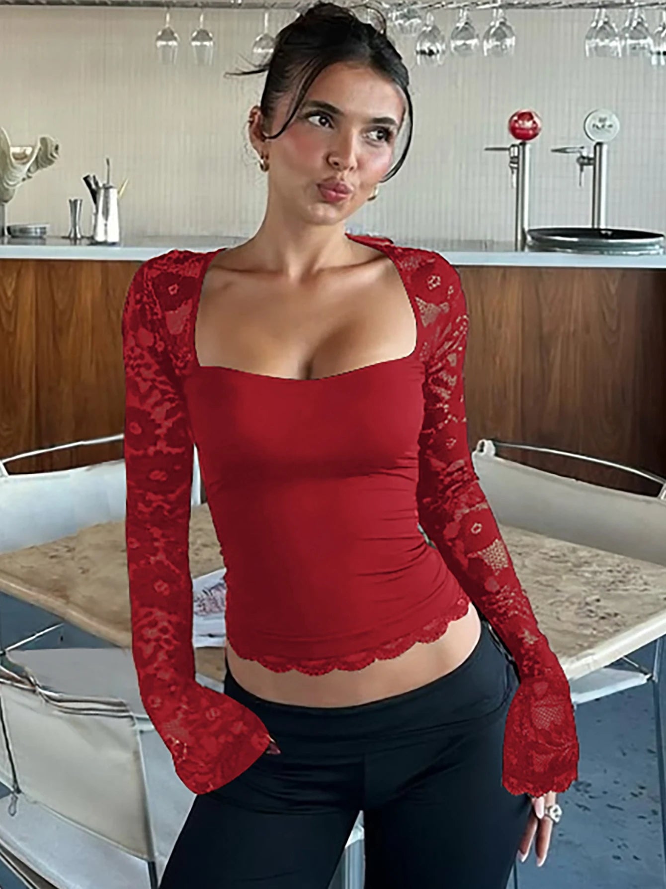 Hugcitar Women Fashion Square Collar Patchwork Lace Long Sleeve Sexy Crop T-Shirt Top Sheer Summer Vacation Clothes Night Club