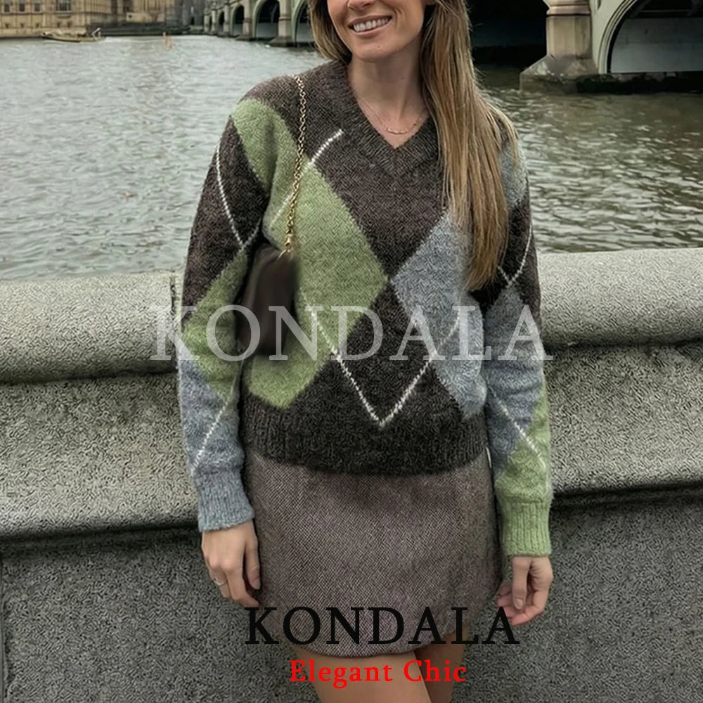 KONDALA Trendy Casual Contrasting Sweater Women Elegant Rhombus Knitted Sweater 2026 Spring Fashion Holidays Chic Female Sweater