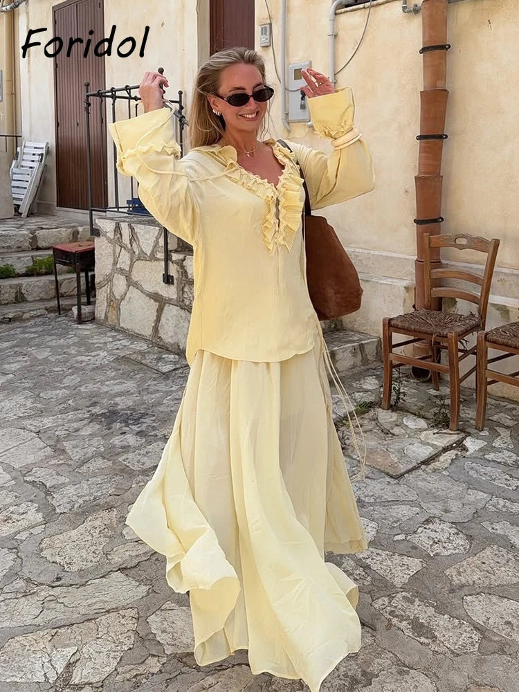 Ensemble assorti blouse jaune et jupe pour femmes, deux pièces décontractées amples, nouvelle collection printemps été 2025, ensemble robe couleur unie
