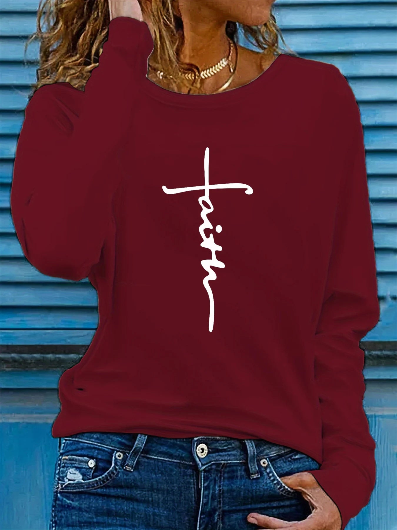 100% pure cotton women's spring and autumn loose comfortable faith cross graphic printed long sleeved round neck T-shirt